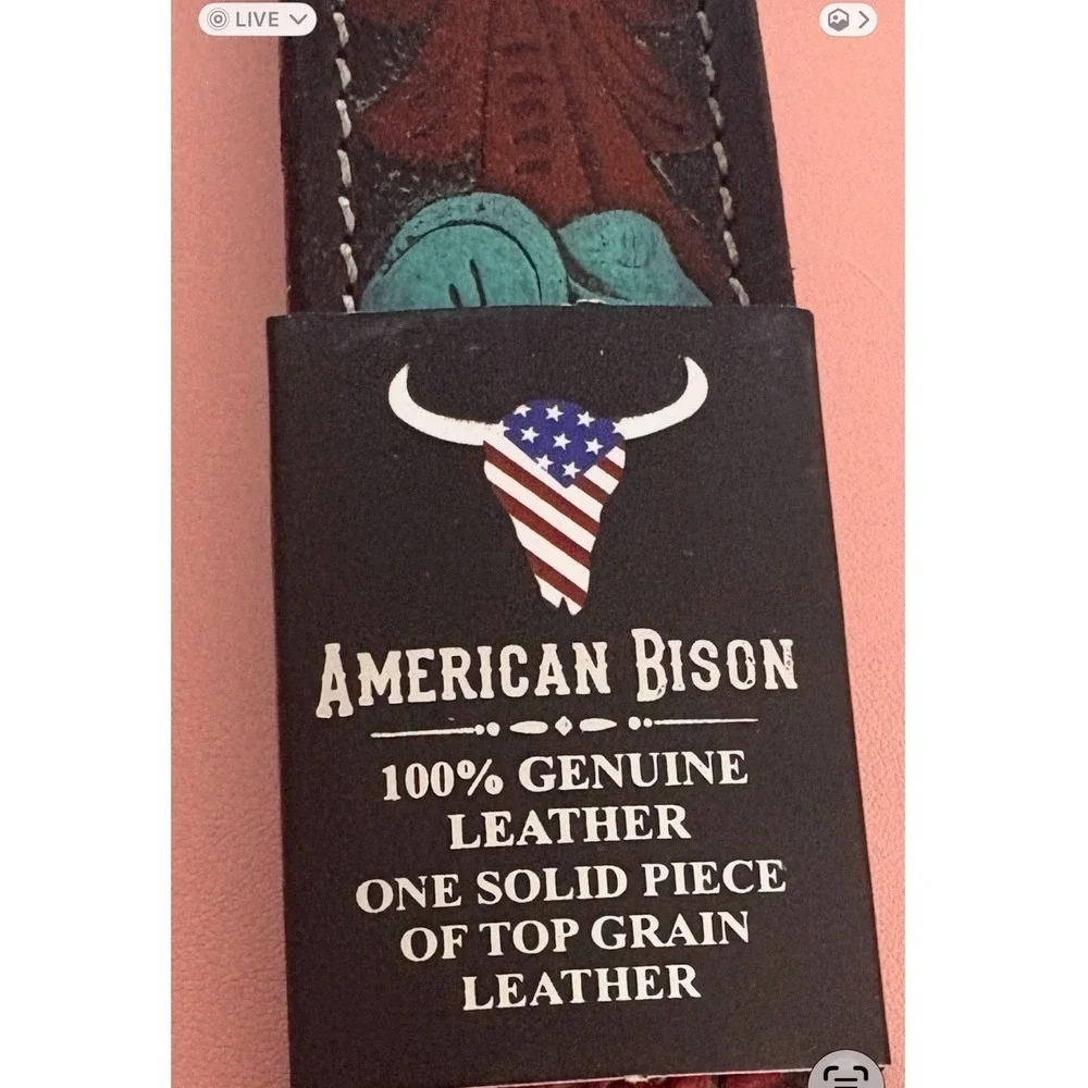 American Bison Womens Brown Leather Tooled Floral Belt Turquoise Antique Buckle